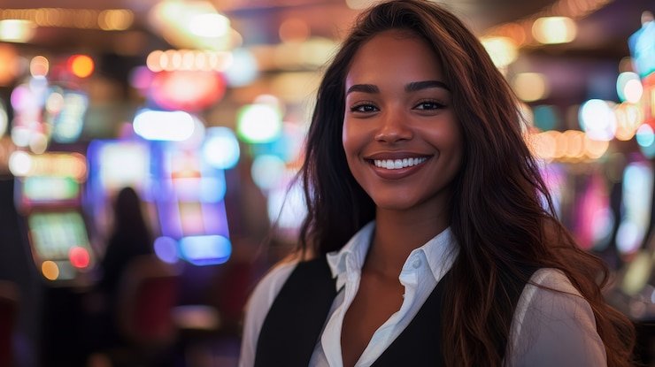 Dealer live casino yang sedang membuka kartu dalam sesi permainan
